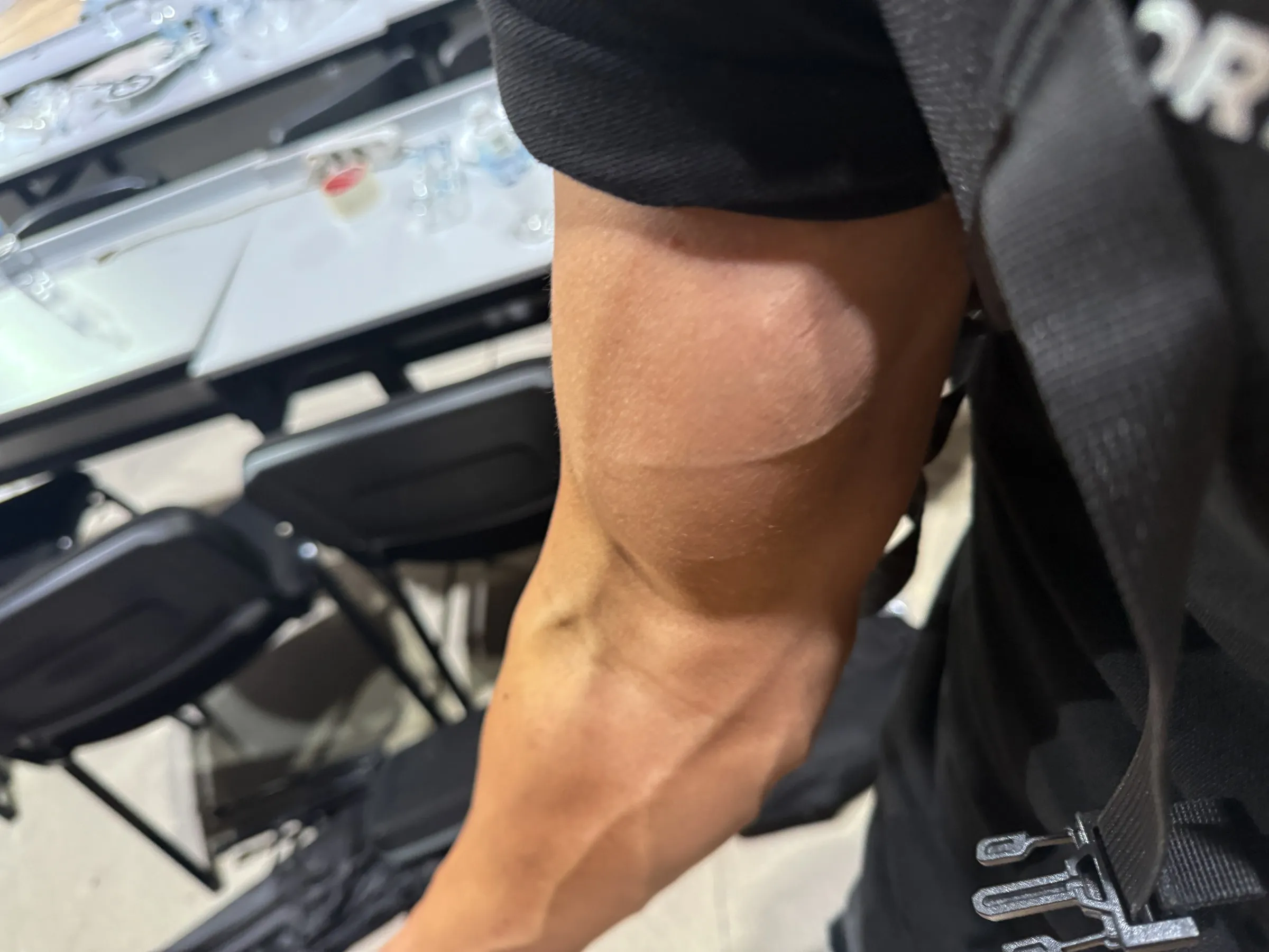 Close-up of a forearm, veins standing out
